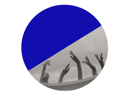 Artistic hands reaching upward with blue accent